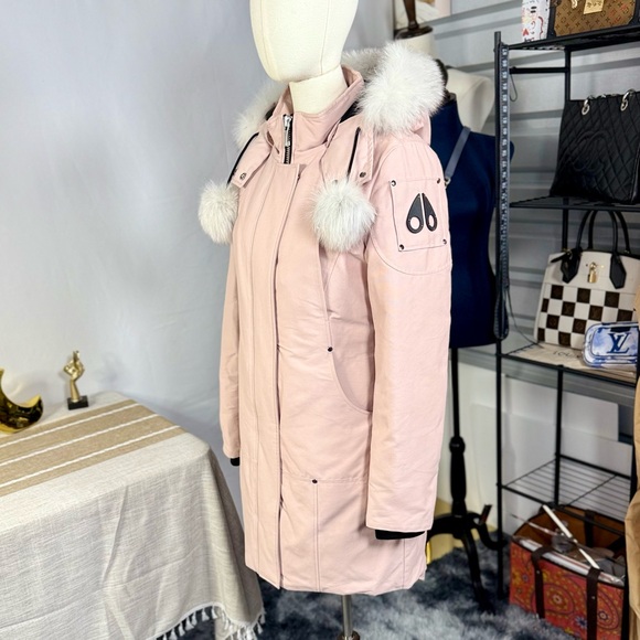 EUC Moose Knuckles Dusty Rose Pink Stirling Parka Jacket w/ Blue Fox Fur Trim - Picture 7 of 17